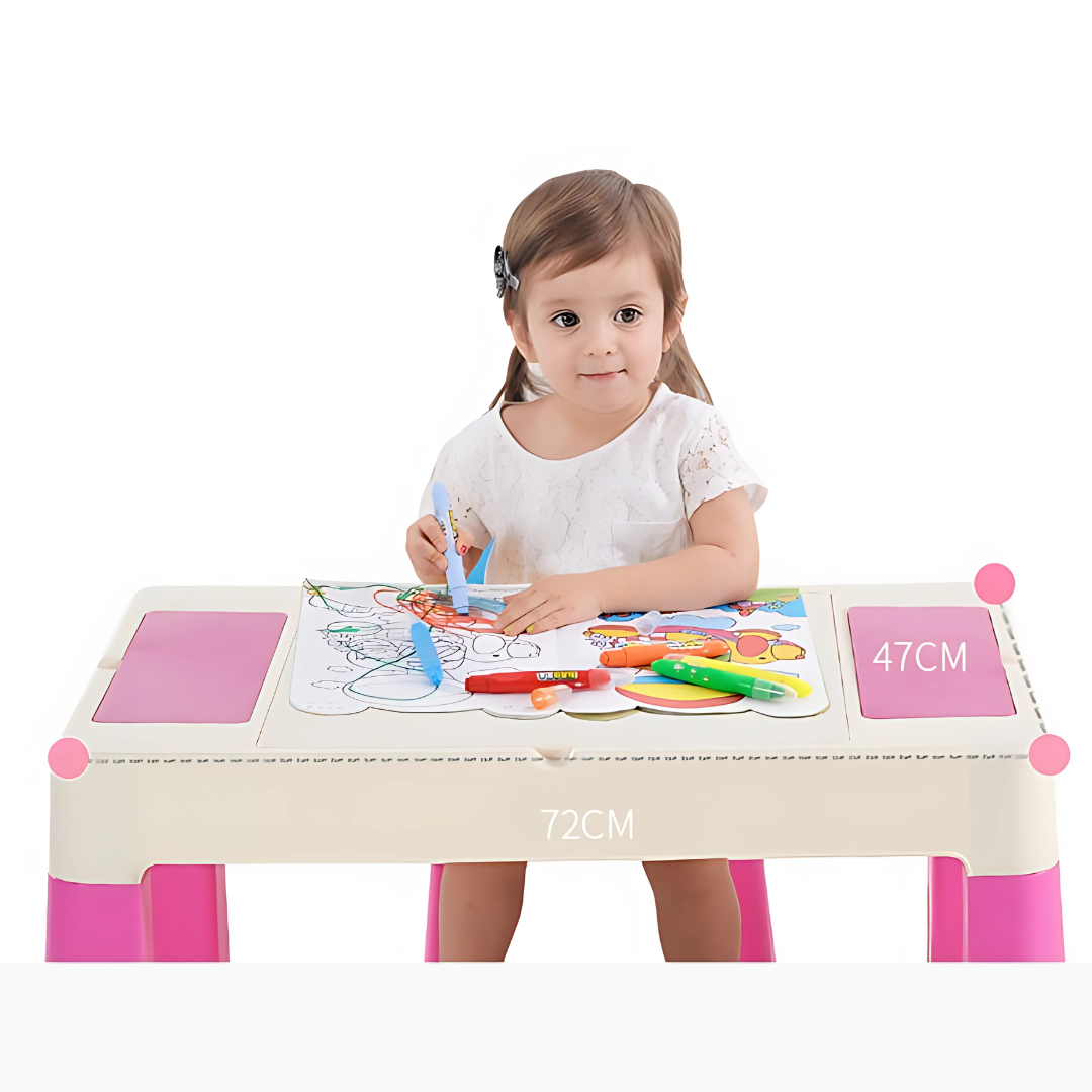 Kids Activity Table and 2 Chairs Set – Multi-Function Play & Study Desk with Double-Sided Building Block Surface