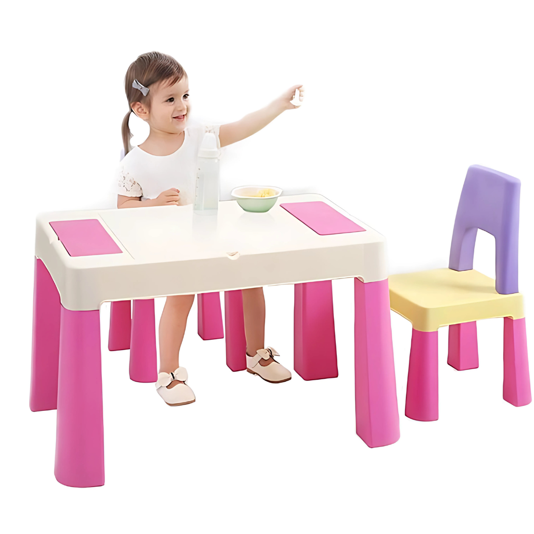 Kids Activity Table and 2 Chairs Set – Multi-Function Play & Study Desk with Double-Sided Building Block Surface
