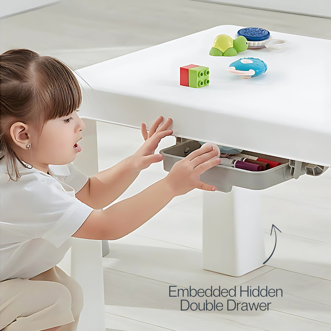 Kids Table and Chairs Set with Storage Drawers – Durable Plastic Play & Study Table with 2 Chairs