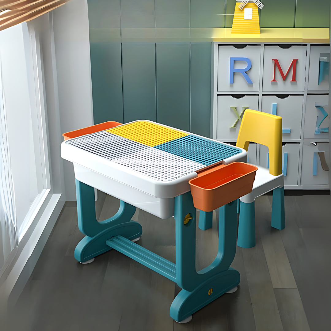 Multi-Function Kids Table and Chair Set – Foldable Play & Study Desk with Storage, Building Block Surface, and Side Organizers