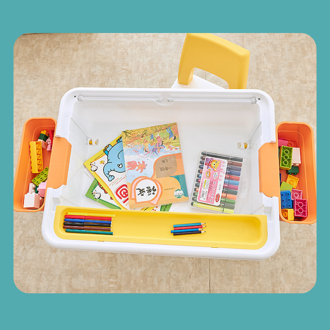 Multi-Function Kids Table and Chair Set – Foldable Play & Study Desk with Storage, Building Block Surface, and Side Organizers