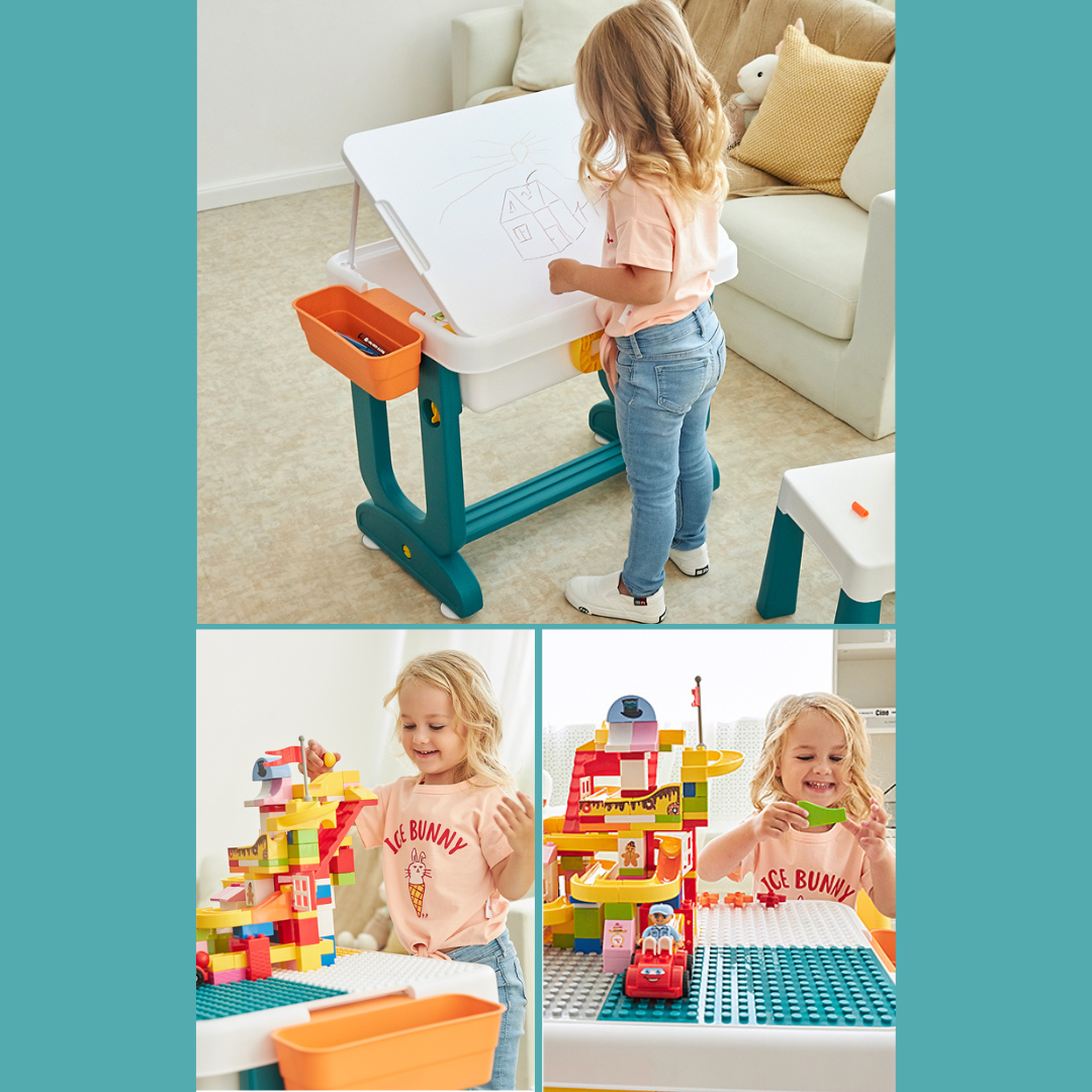 Multi-Function Kids Table and Chair Set – Foldable Play & Study Desk with Storage, Building Block Surface, and Side Organizers