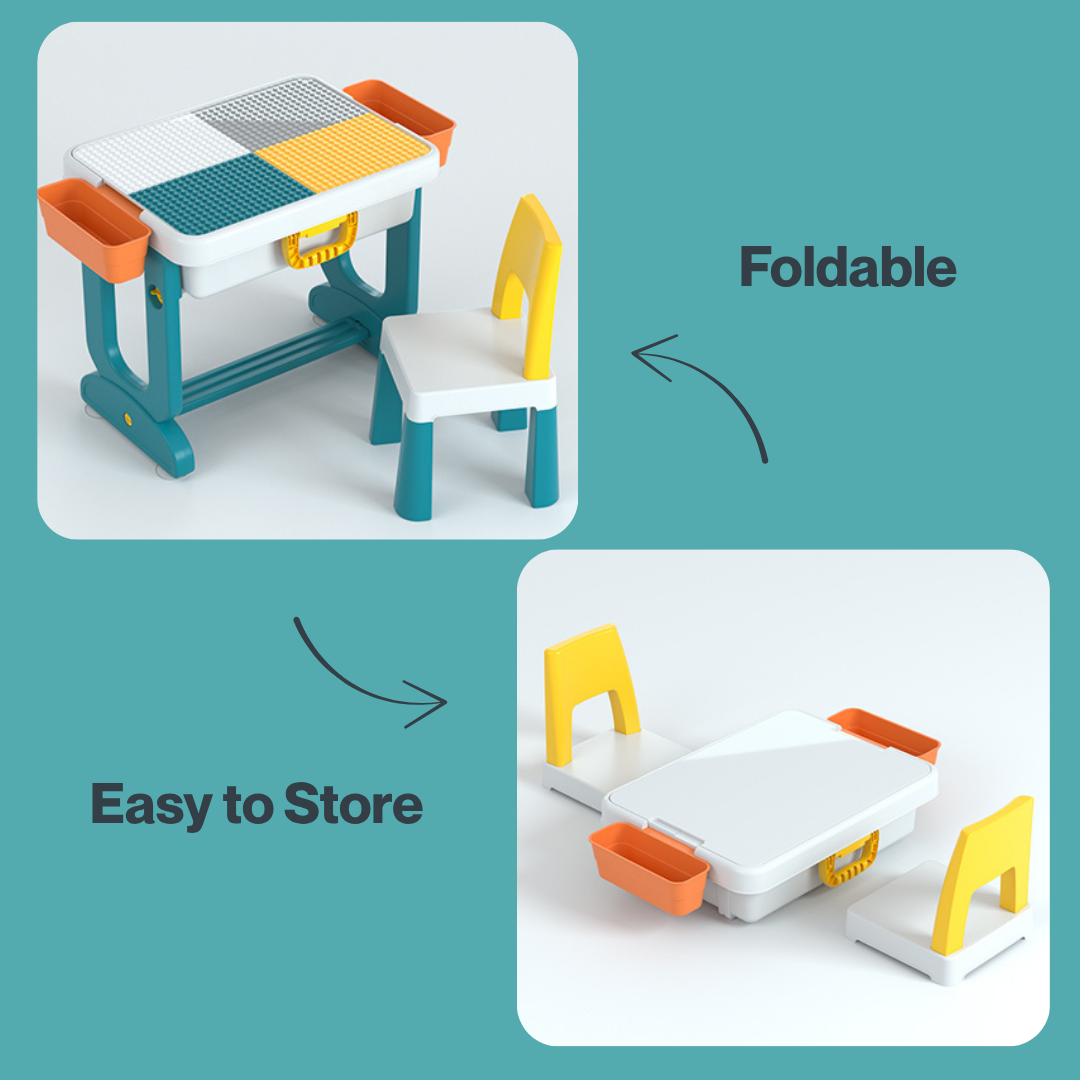 Multi-Function Kids Table and Chair Set – Foldable Play & Study Desk with Storage, Building Block Surface, and Side Organizers