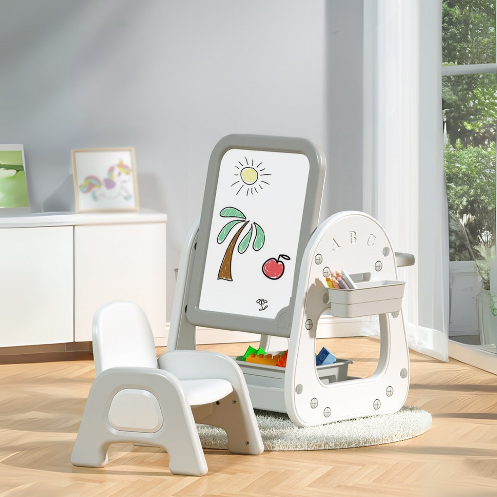 2-in-1 Adjustable Standing Toddler Board with Chair – Magnetic Drawing Board & Activity Table with Storage Compartments