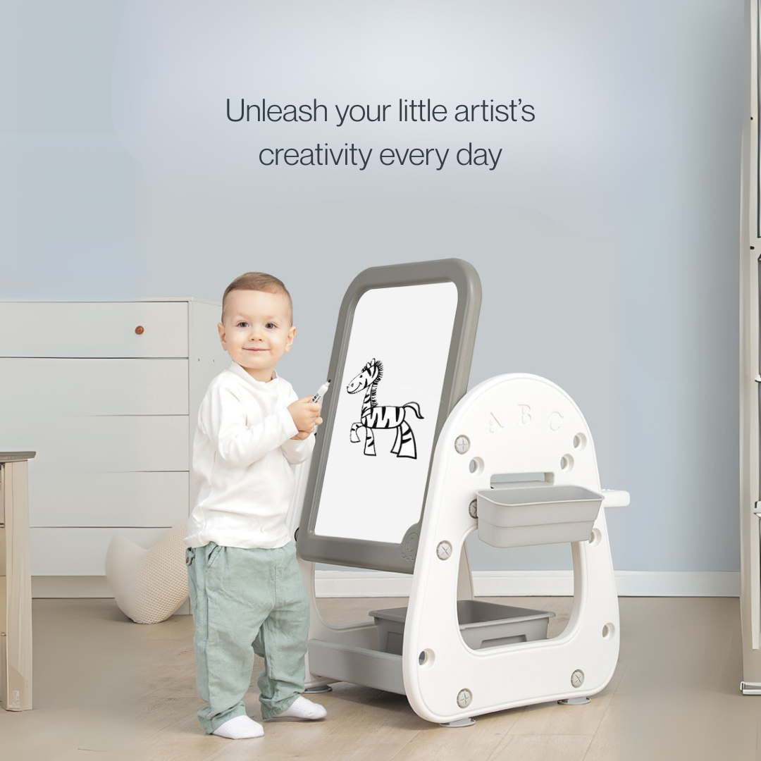2-in-1 Adjustable Standing Toddler Board with Chair – Magnetic Drawing Board & Activity Table with Storage Compartments