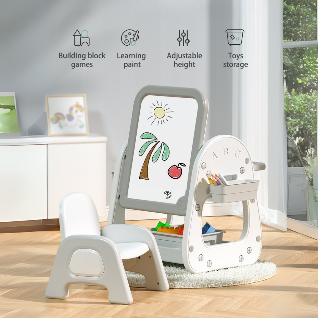 2-in-1 Adjustable Standing Toddler Board with Chair – Magnetic Drawing Board & Activity Table with Storage Compartments