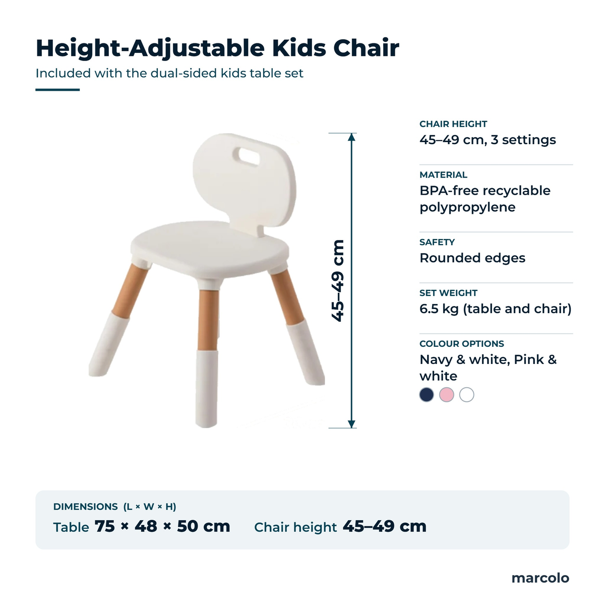 Height-adjustable kids chair from the dual-sided kids table set, 45–49 cm, 3 settings