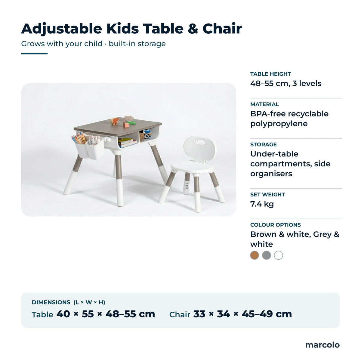 Adjustable kids table and chair: table 40 × 55 × 48–55 cm, chair 33 × 34 × 45–49 cm, 7.4 kg