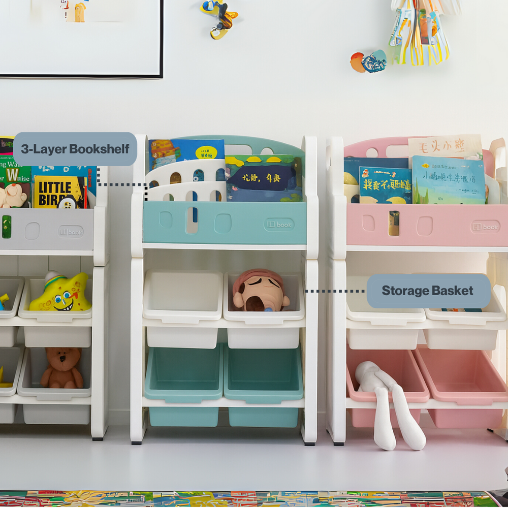 3-Layer Kids Bookshelf with Storage Baskets – Multi-Purpose Organizer for Toys, Books & Stationery, BPA-Free Plastic