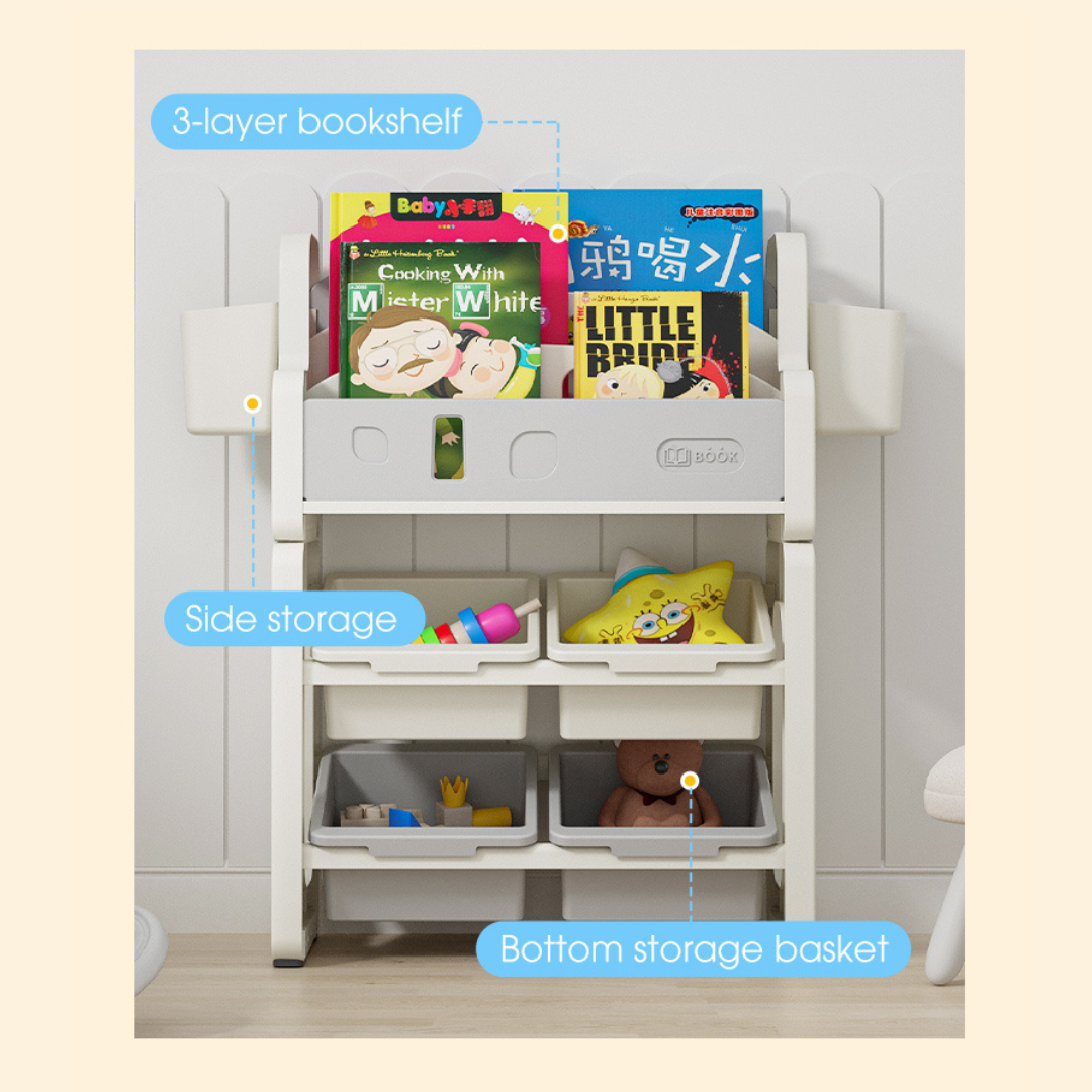 3-Layer Kids Bookshelf with Storage Baskets – Multi-Purpose Organizer for Toys, Books & Stationery, BPA-Free Plastic