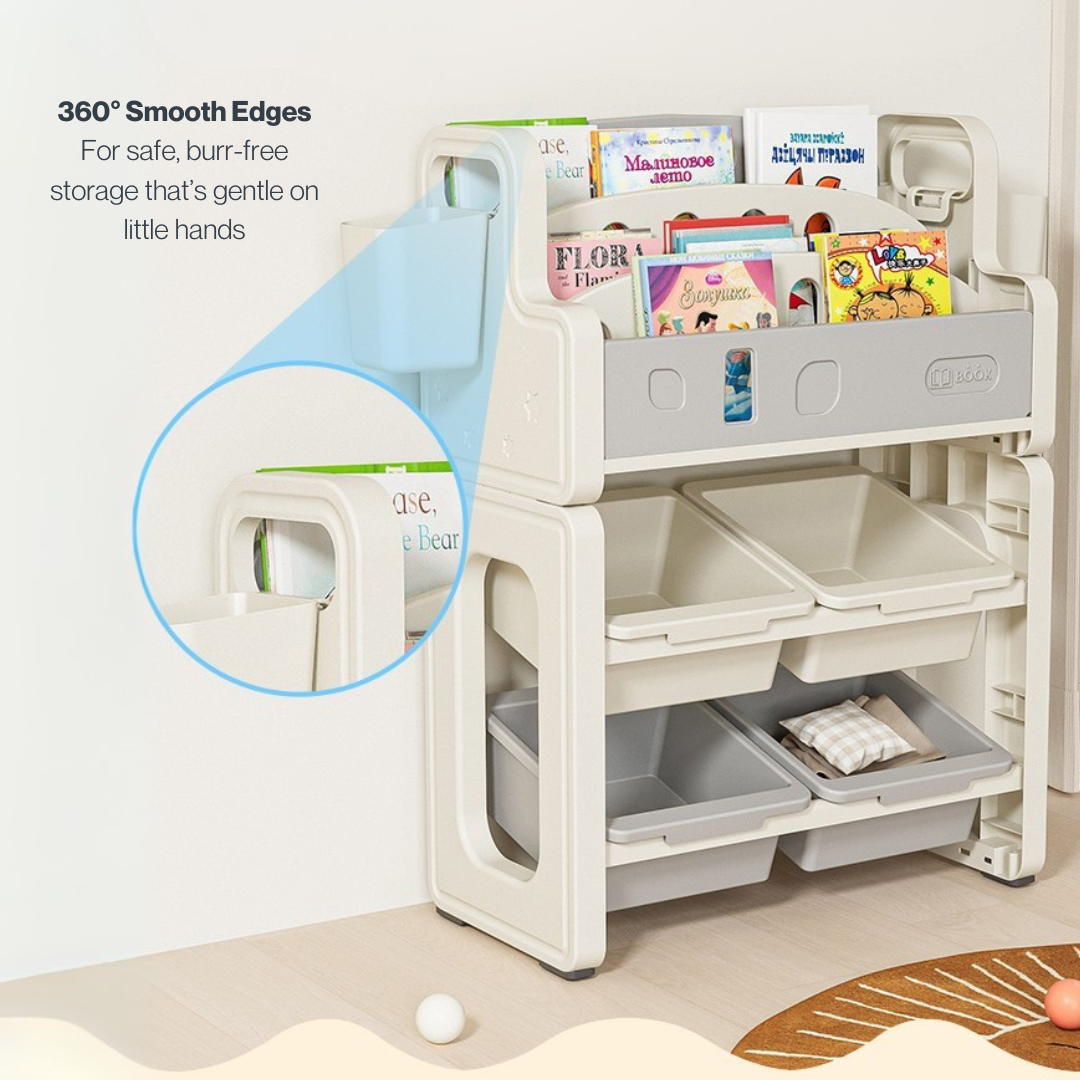 3-Layer Kids Bookshelf with Storage Baskets – Multi-Purpose Organizer for Toys, Books & Stationery, BPA-Free Plastic
