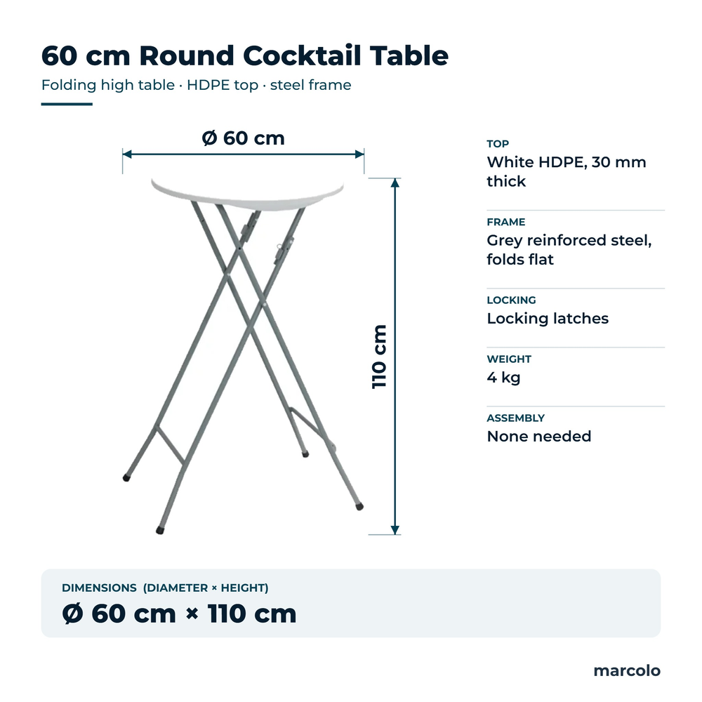 60 cm round folding cocktail table: Ø 60 cm, 110 cm high, white HDPE top, grey steel frame, 4 kg