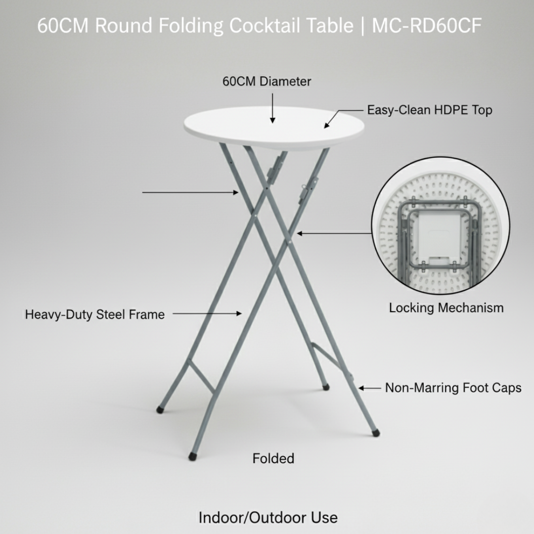 60CM Round Cocktail Table – Extra Sturdy, Weather-Resistant & Foldable (White)