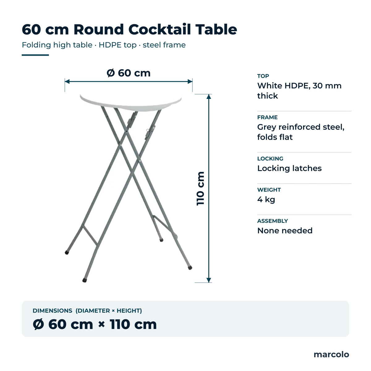 60 cm round folding cocktail table: Ø 60 cm, 110 cm high, white HDPE top, grey steel frame, 4 kg