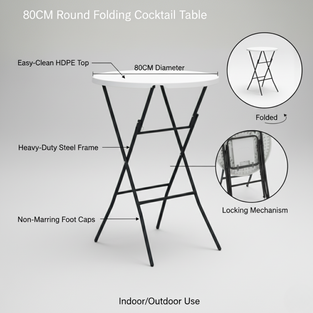 80CM Round Cocktail Table – Extra Sturdy, Weather-Resistant & Foldable (White)