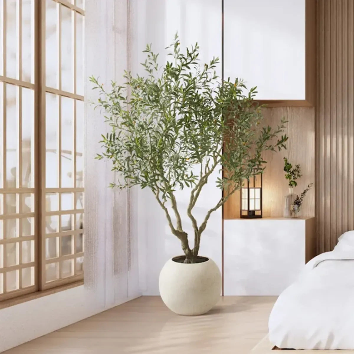 Marcolo 210cm artificial olive tree in a white round pot.