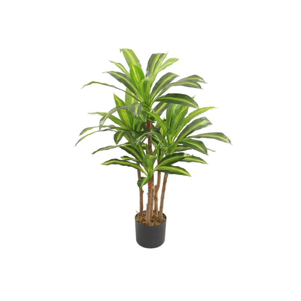 Compact 90cm artificial Dracaena tree in a black pot by Marcolo.