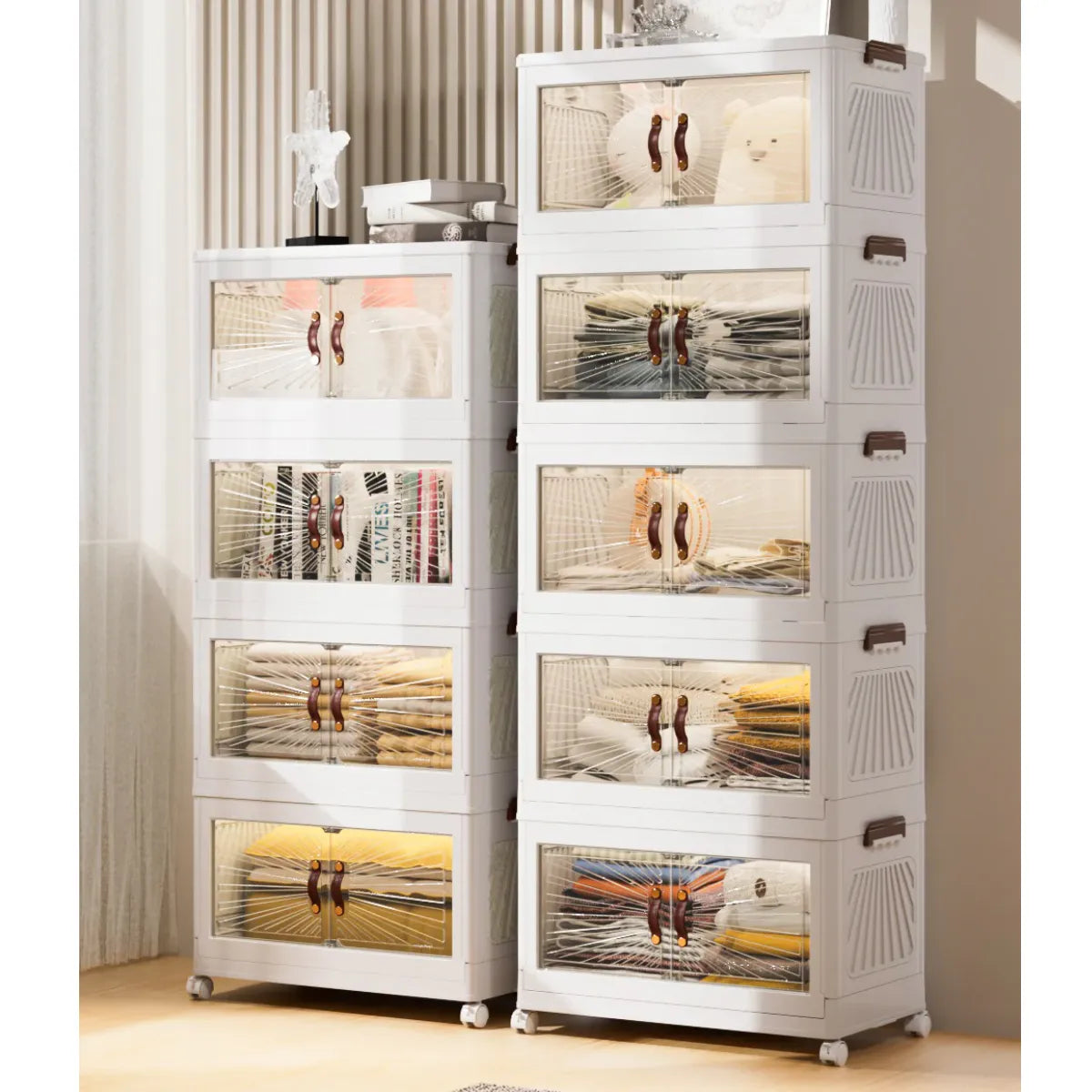 5-Layer Foldable Plastic Drawer Cabinet with Doors & Wheels (70X42X192CM, White)