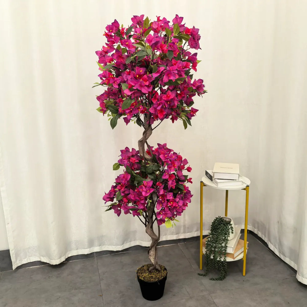 Marcolo 150cm artificial bougainvillea tree with vibrant pink flowers in a black pot, indoor decor.