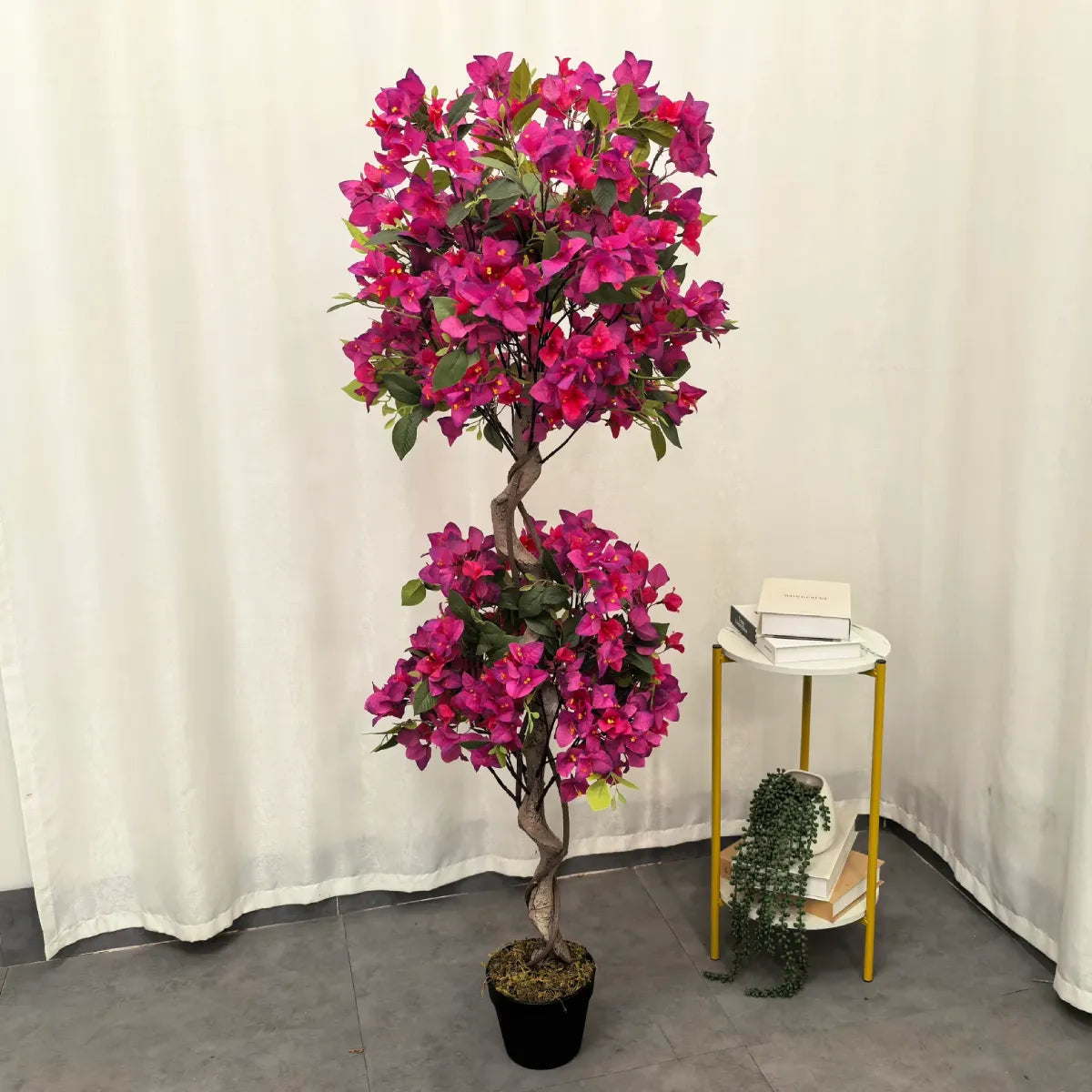 Marcolo 150cm artificial bougainvillea tree with vibrant pink flowers in a black pot, indoor decor.