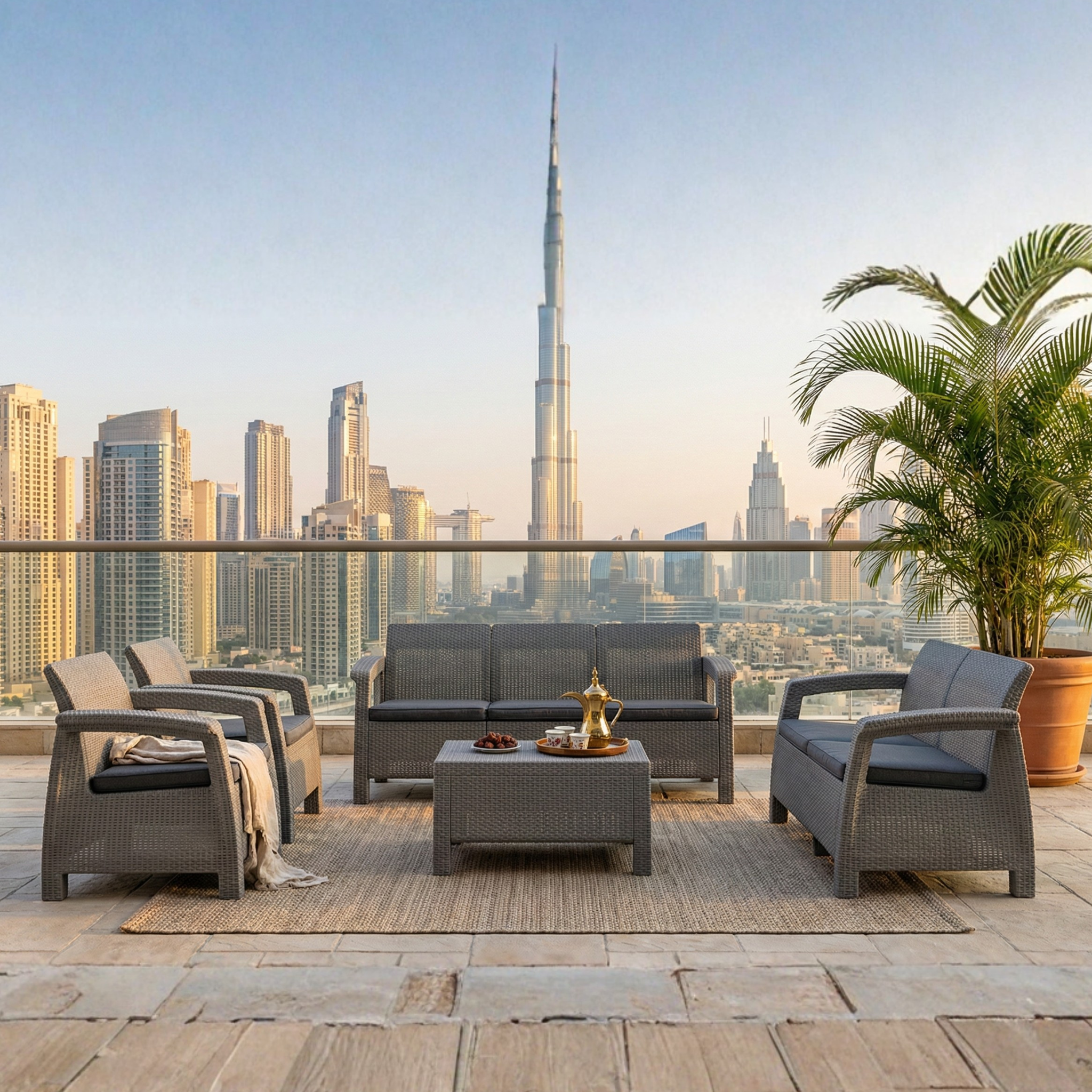 6-Seater Havana Outdoor Sofa Set – Modern Rattan-Style Seating with 2 Coffee Tables & Grey Seat and Back Cushions