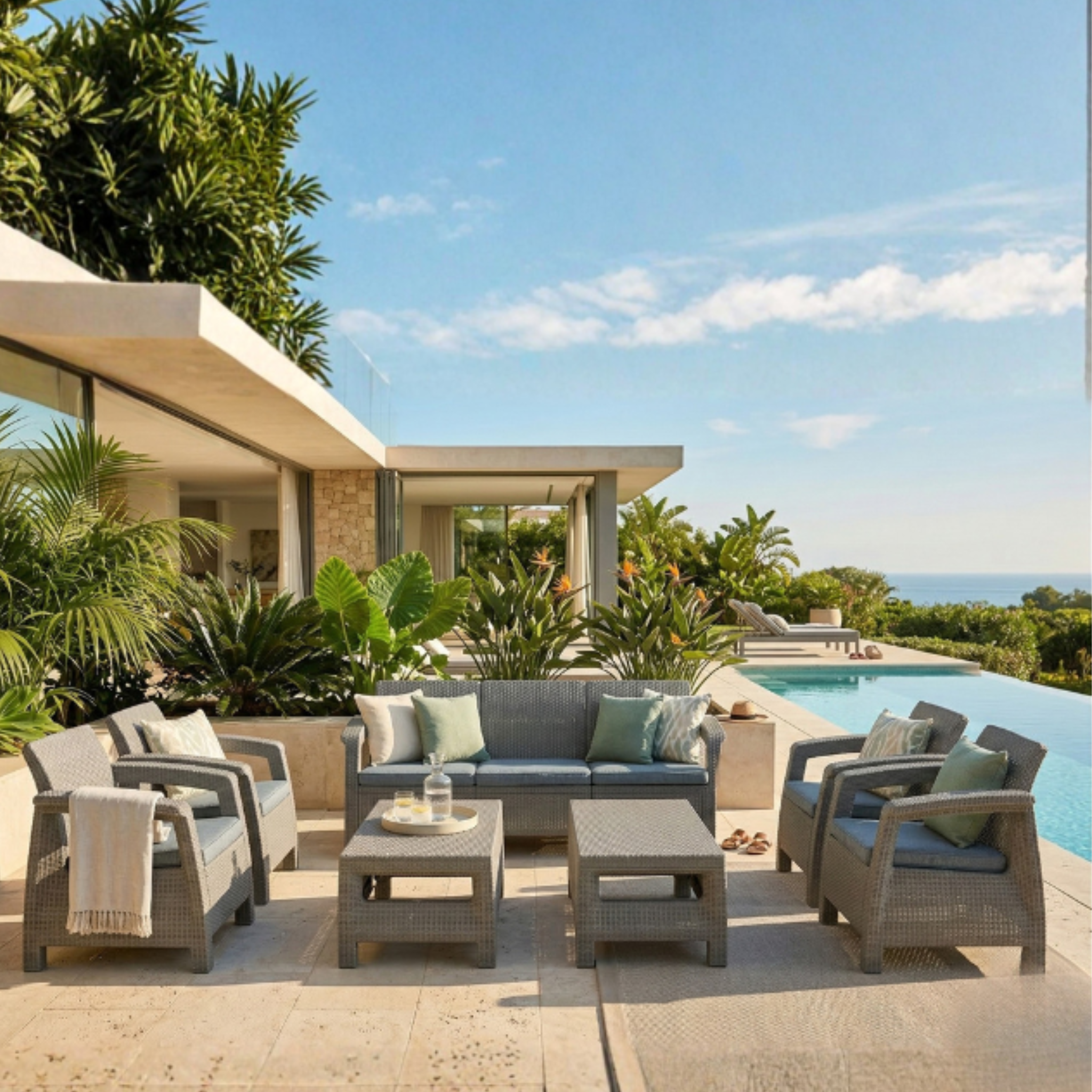 7-Seater Havana Outdoor Sofa Set – Modern Rattan-Style Seating with Coffee Table & Seat Cushions (Grey or Dark Brown Options)