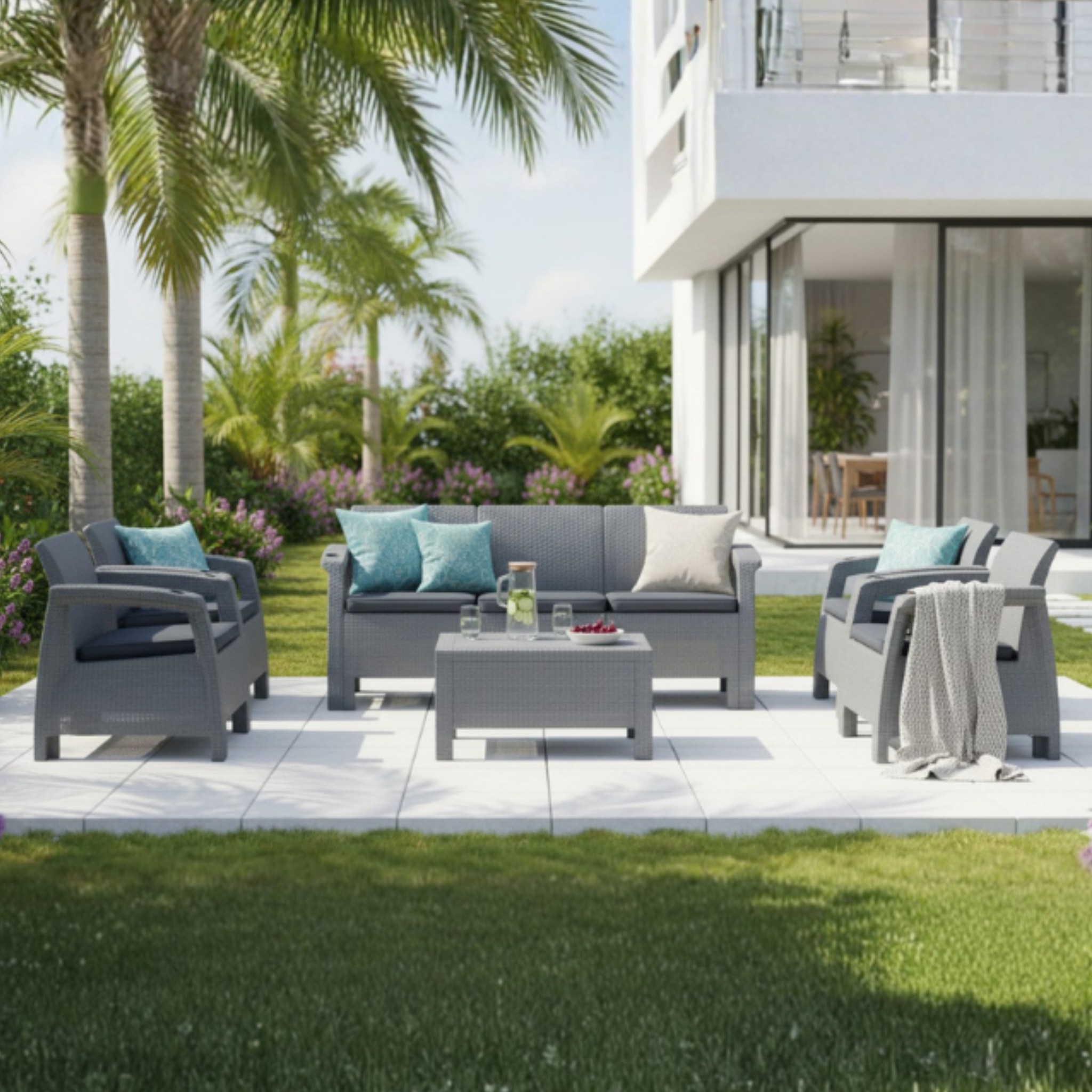 7-Seater Havana Outdoor Sofa Set – Modern Rattan-Style Seating with Coffee Table & Seat Cushions (Grey or Dark Brown Options)