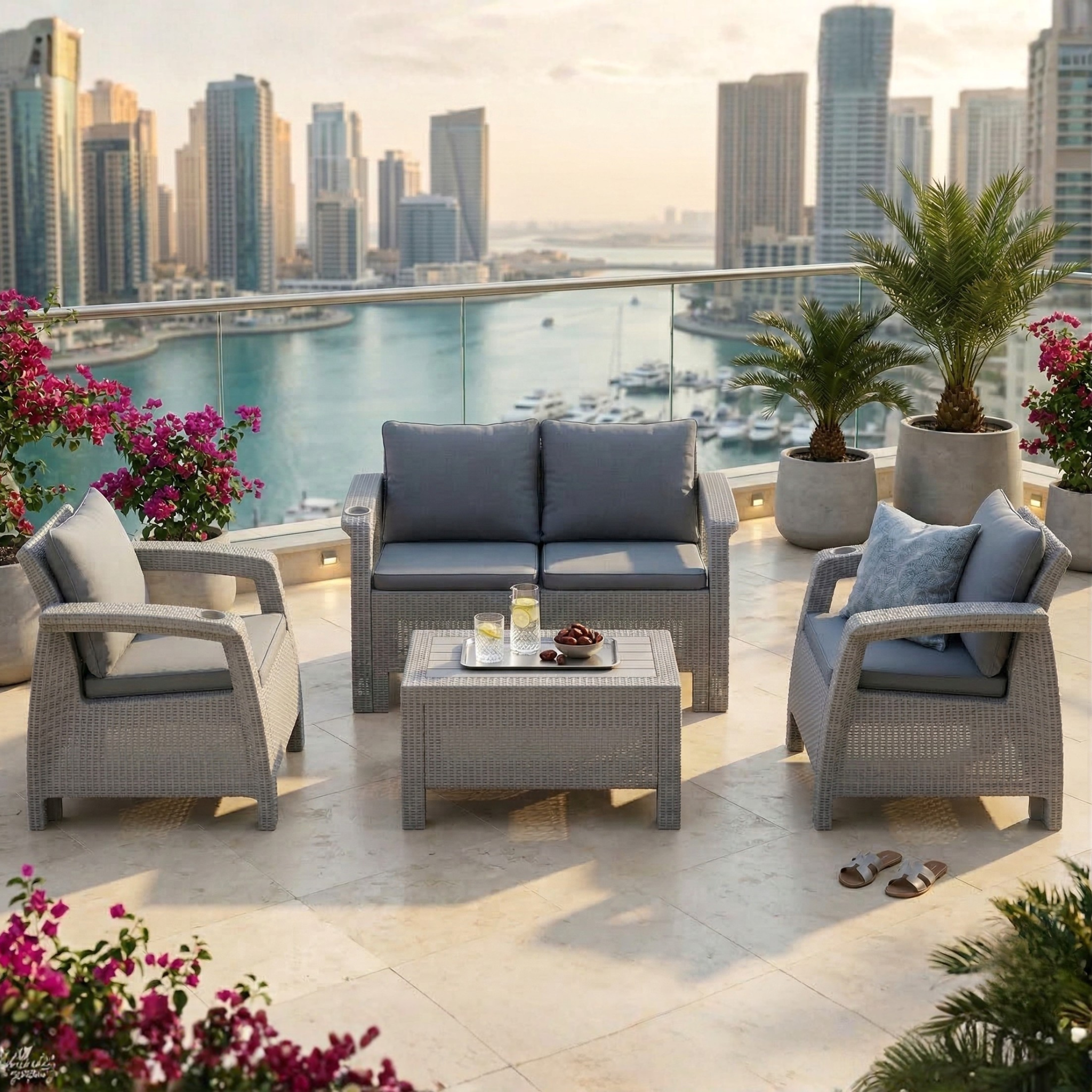 Marcolo wicker patio furniture set with grey cushions on a balcony overlooking the water.