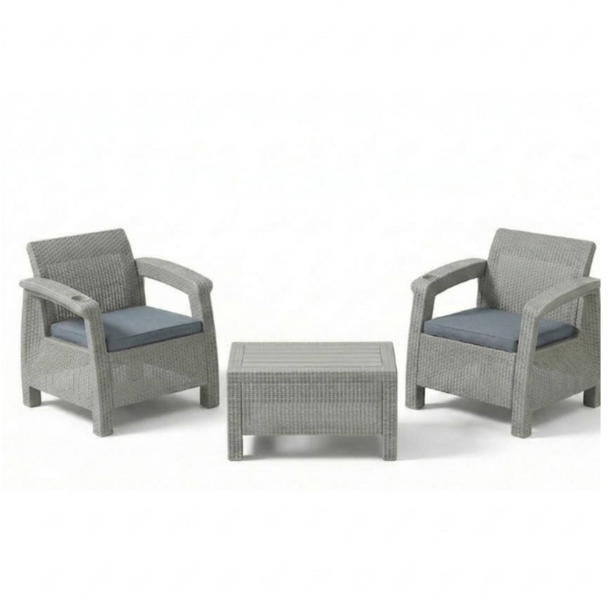 2-Seater Outdoor Sofa Set – Including Seat Cushions & Coffee Table, Weather-Resistant Patio & Balcony Furniture with Built-In Cup Holders