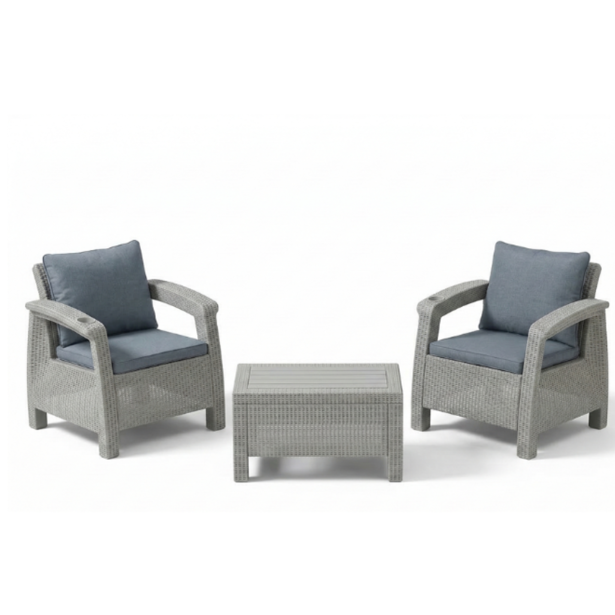 2-Seater Outdoor Sofa Set – Including Back and Seat Cushions & Coffee Table, Weather-Resistant Patio & Balcony Furniture with Built-In Cup Holders