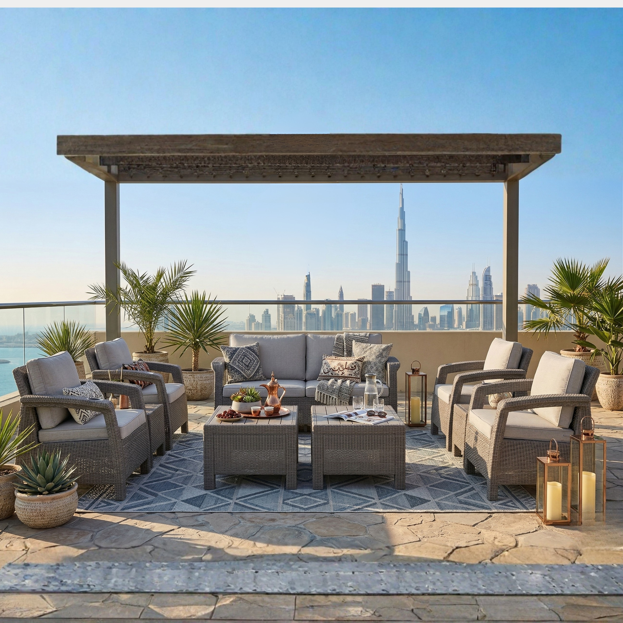 6-Seater Havana Outdoor Sofa Set – Modern Rattan-Style Seating with 2 Coffee Tables & Seat and Back Cushions