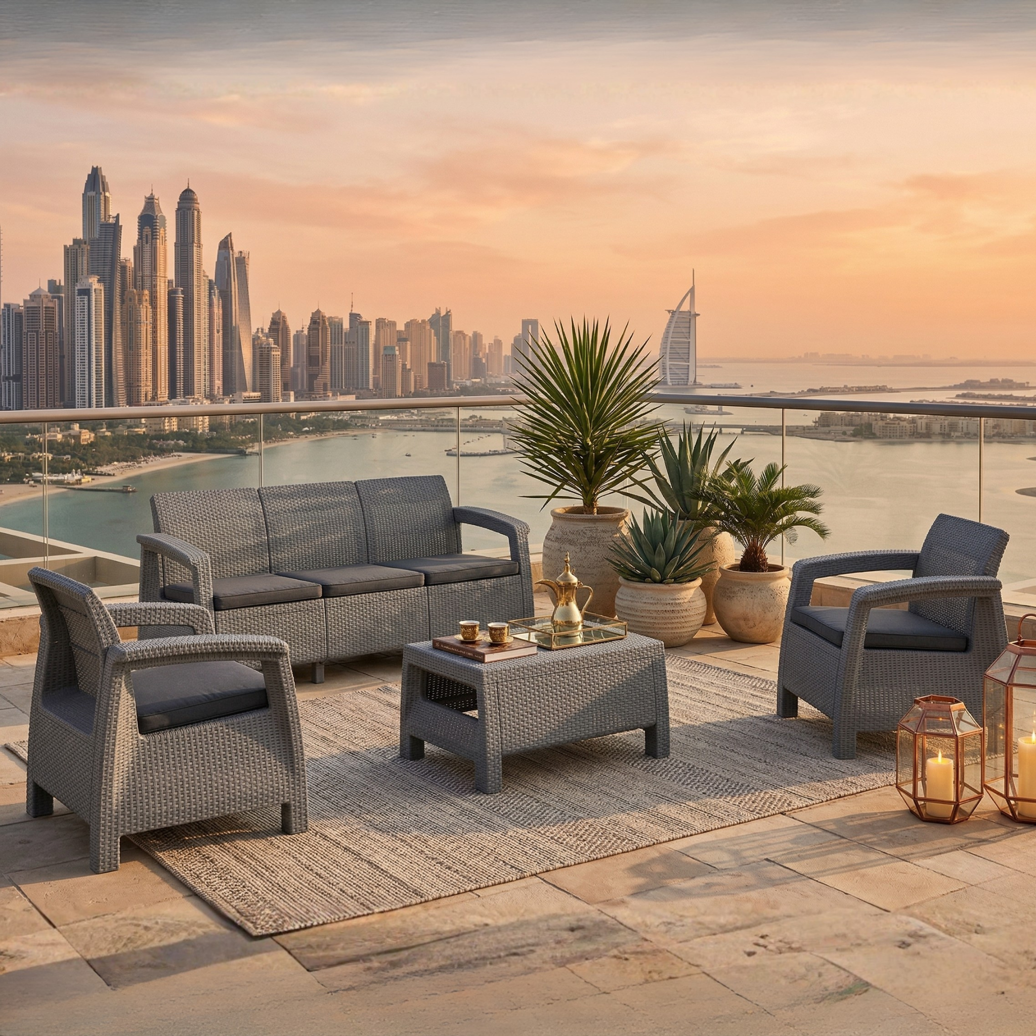 5-Seater Sofa Lounge Set – 3-Seater, 2 Armchairs, Coffee Table & Cushions – Outdoor Rattan Design