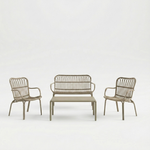 Marcolo tan outdoor lounge set with a bench and two chairs.