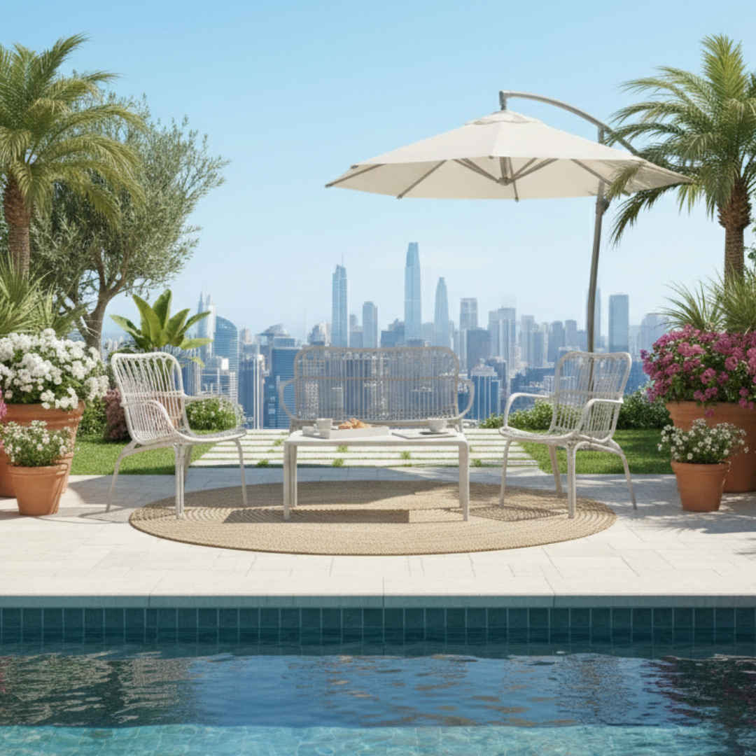 Serena Sofa Set – Elegant Fiberglass-Reinforced 4-Seater Outdoor Lounge with Coffee Table