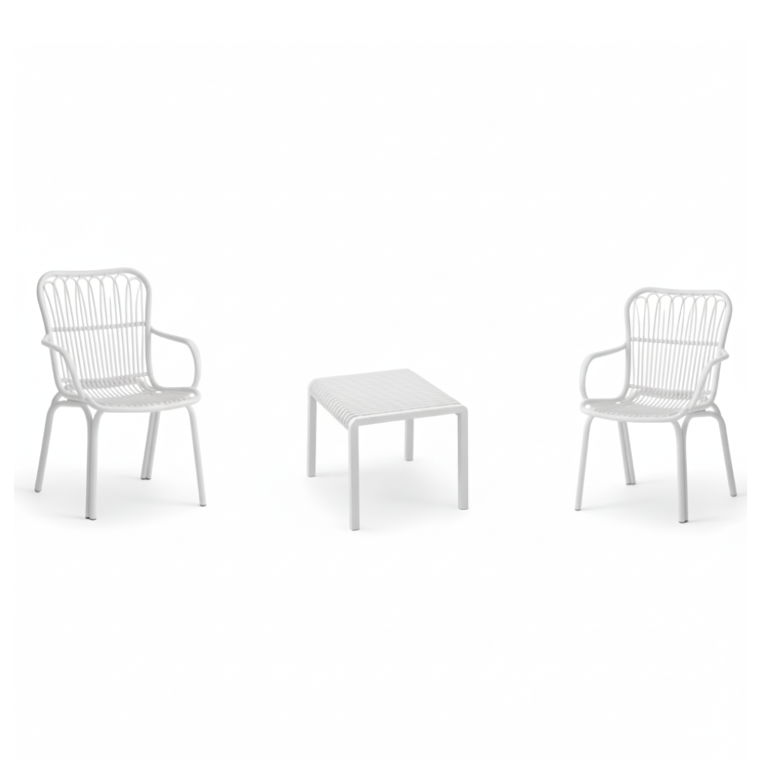 Serena Bistro Set – Elegant Fiberglass-Reinforced Outdoor Seating with Coffee Table