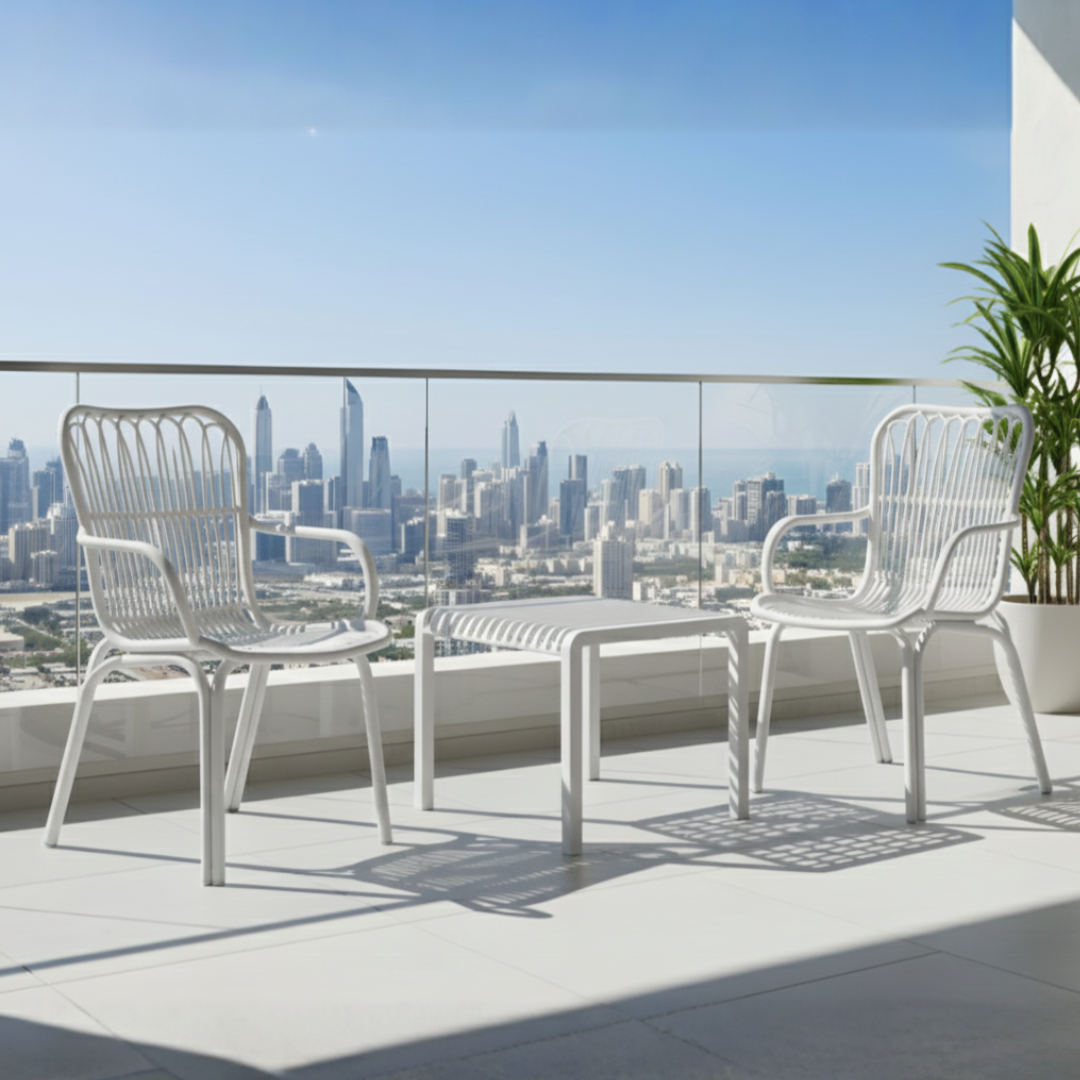 Serena Bistro Set – Elegant Fiberglass-Reinforced Outdoor Seating with Coffee Table