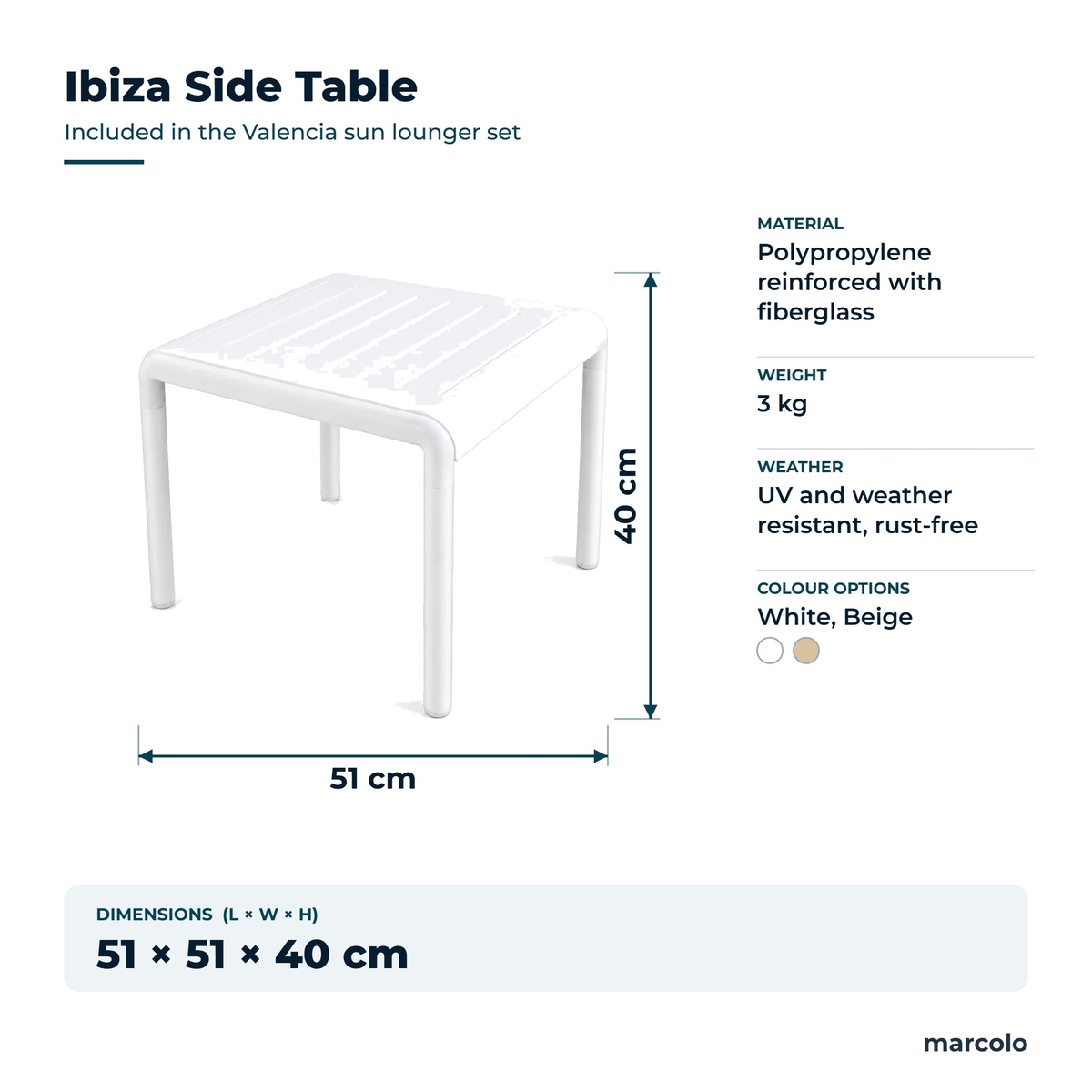 Ibiza side table included in the Valencia set: 51 × 51 × 40 cm, 3 kg, white