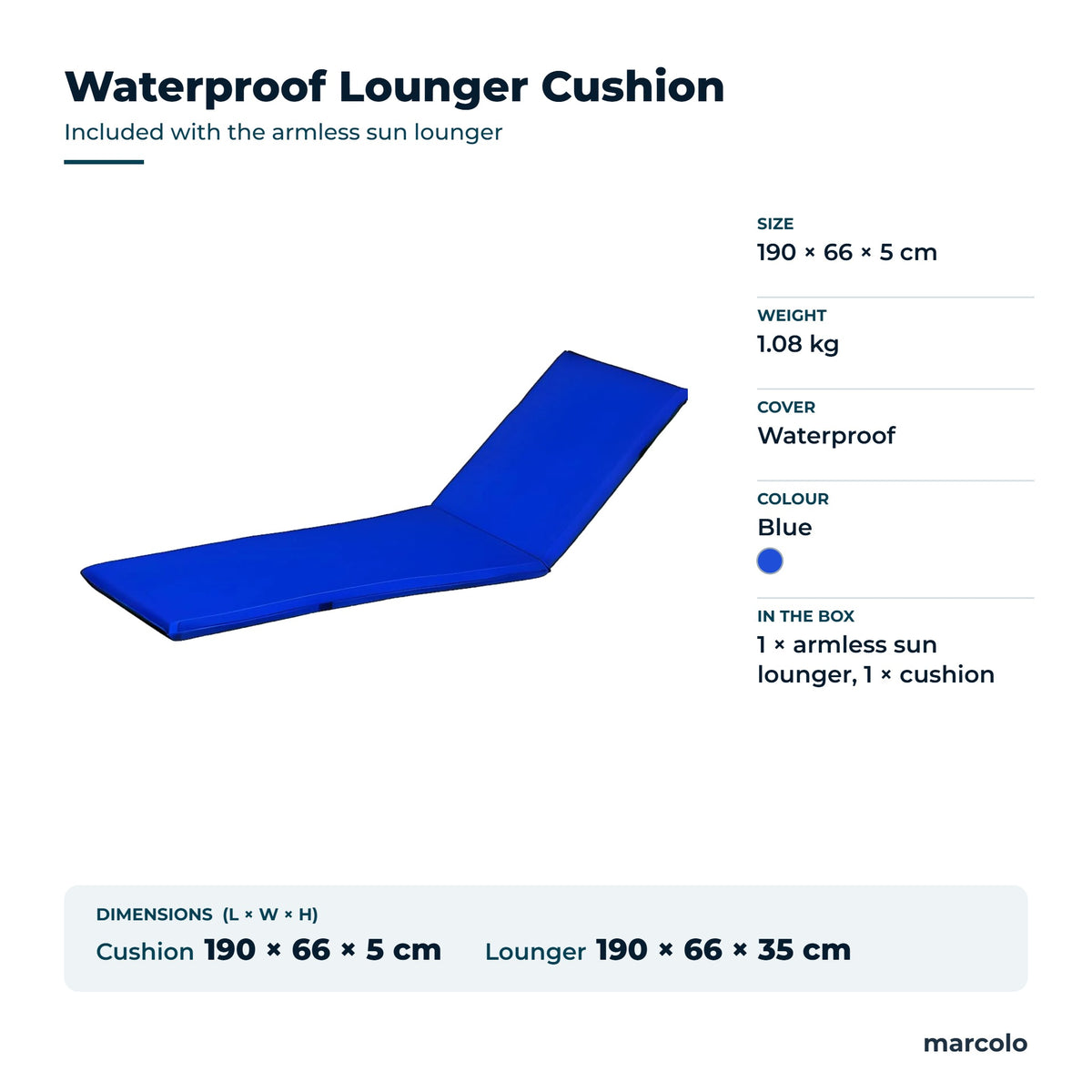 Blue waterproof lounger cushion, 190 × 66 × 5 cm, 1.08 kg, included with the armless sun lounger