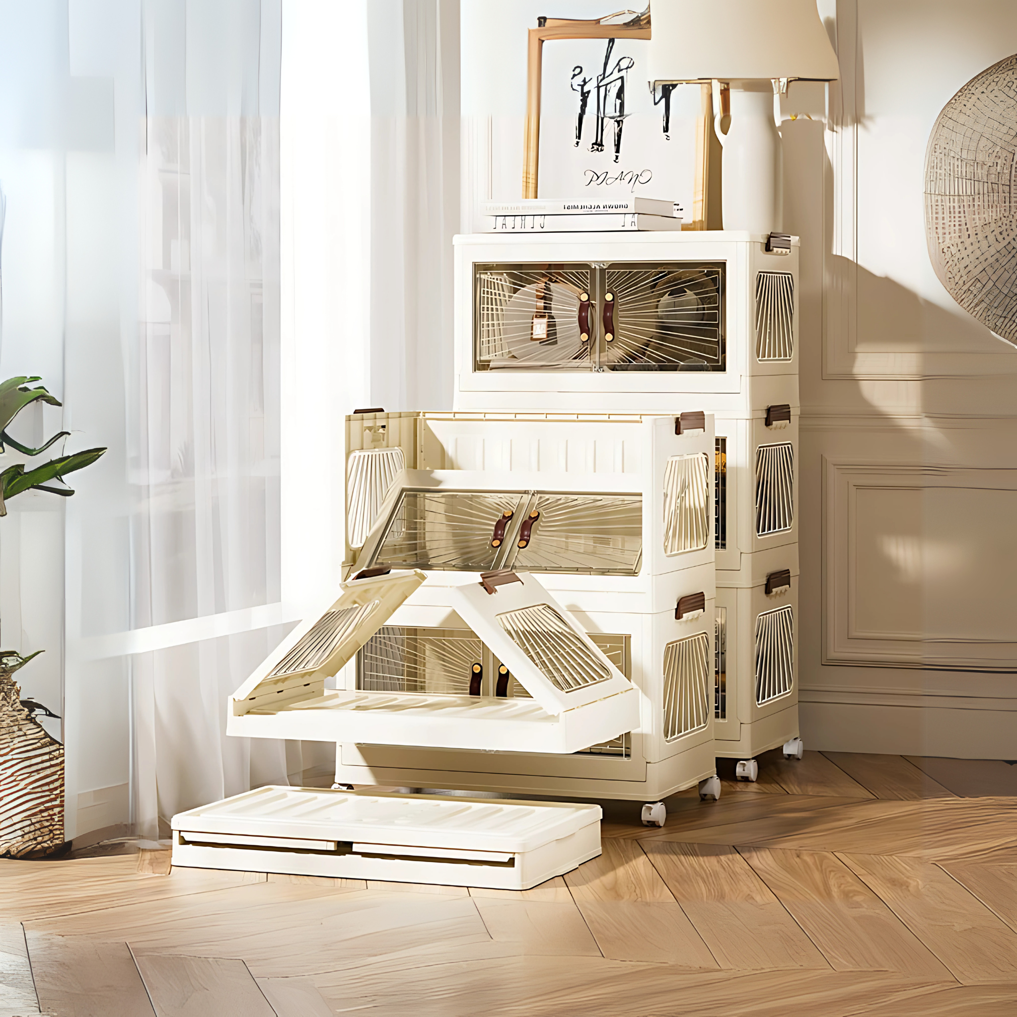 3-Layer Storage Cabinet with Transparent Doors & Wheels (60x36x99CM)