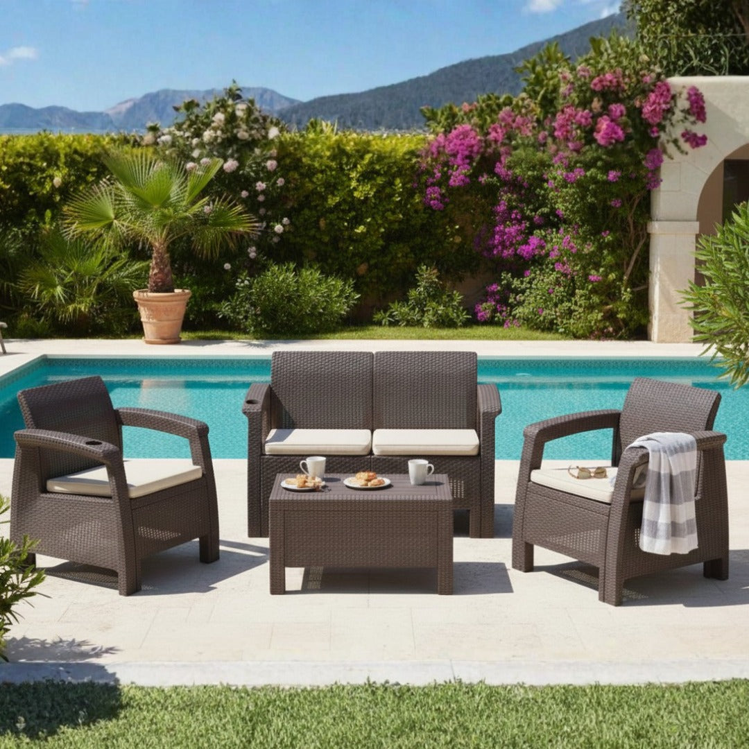 4-Seater Sofa Lounge Set – 2-Seater, 2 Armchairs, Coffee Table & Cushions – Outdoor Rattan Design