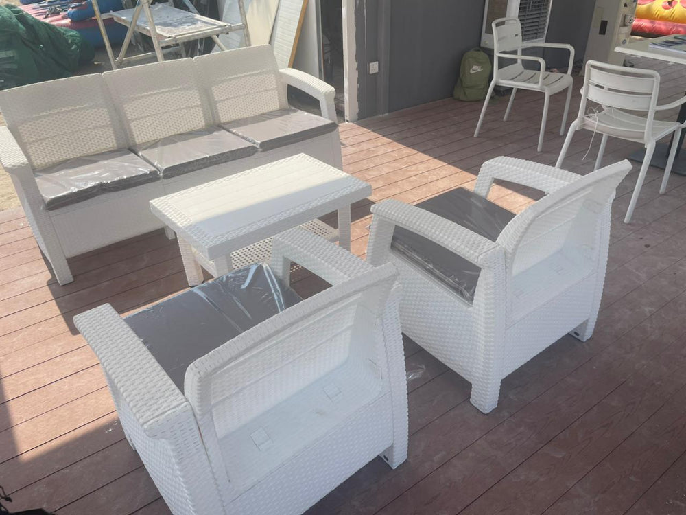 Customer's white Havana rattan-look 5-seater sofa set on a tiled terrace in the UAE