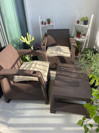 Customer photo: brown Havana armchairs and table on a UAE balcony