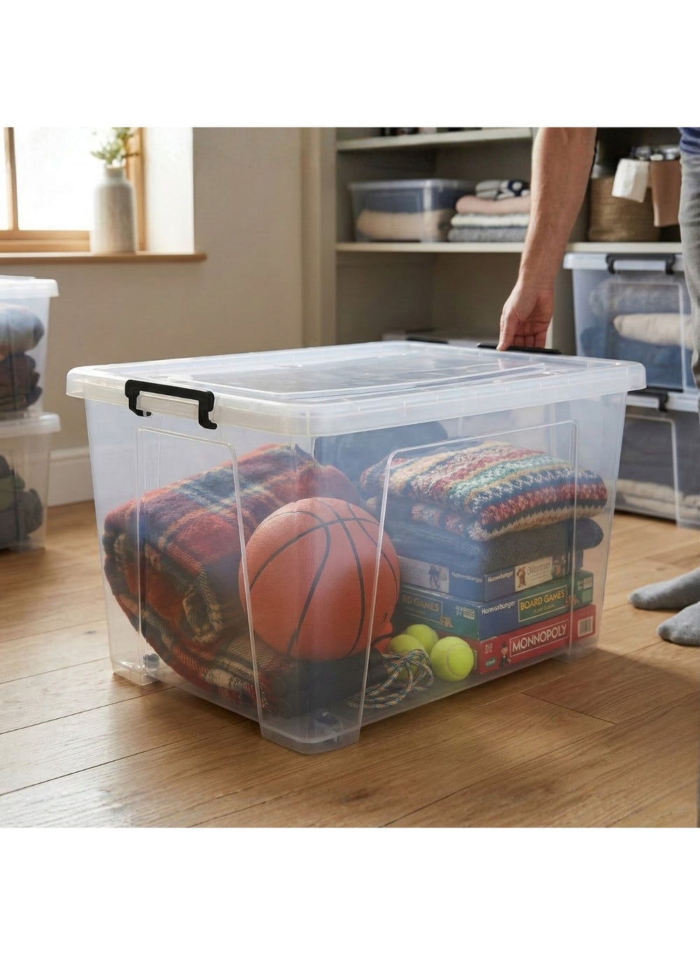 135L storage box filled with toys in a playroom