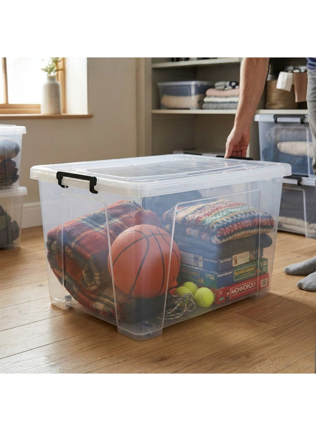 135L storage box filled with toys in a playroom