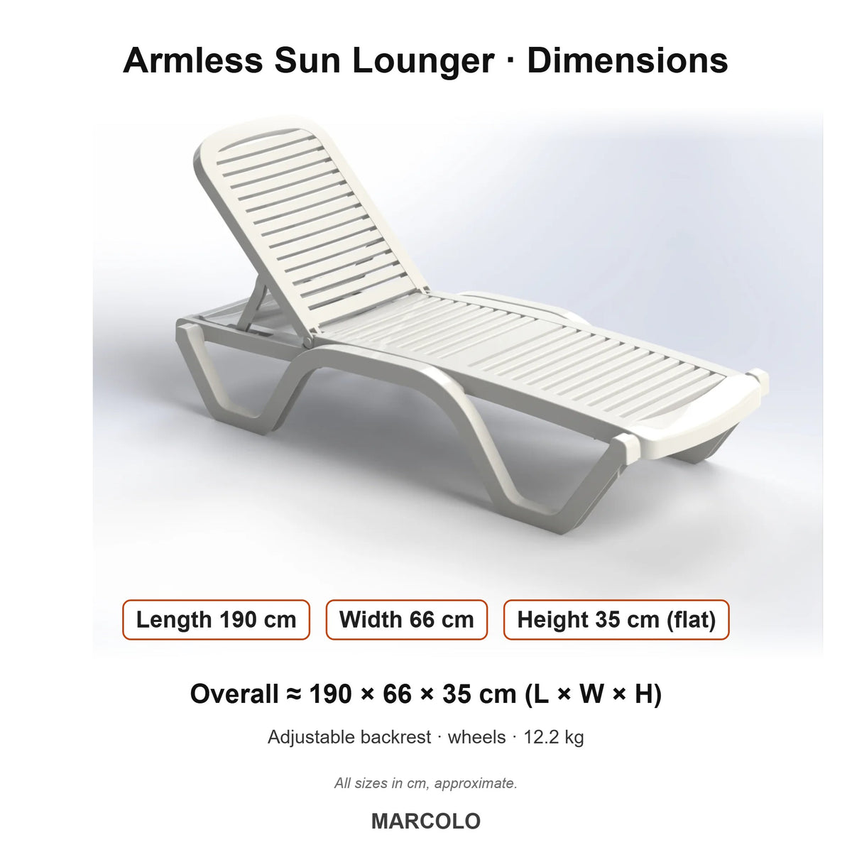 Armless Sun Lounger with Wheels – dimensions