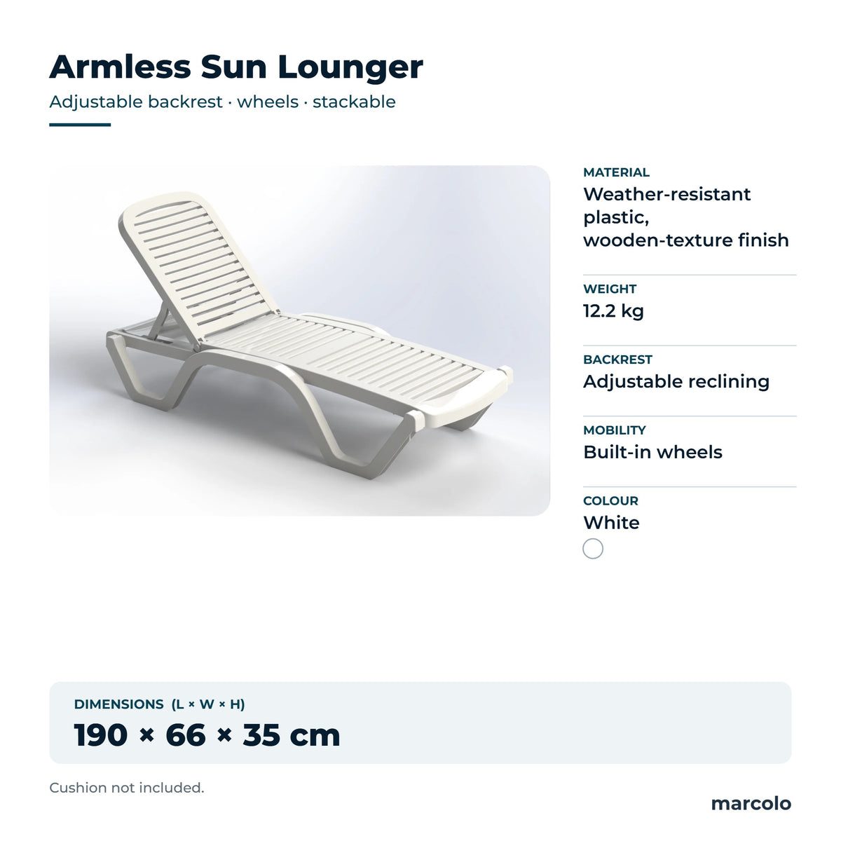 Armless sun lounger with wheels, white: 190 × 66 × 35 cm, 12.2 kg, cushion not included