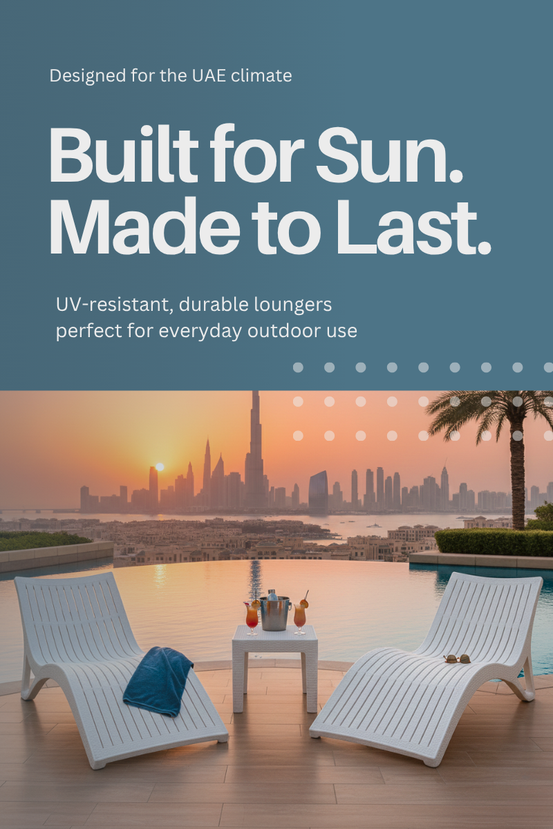 Built for sun, made to last: two white sun loungers by a pool with the Dubai skyline at sunset
