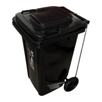 Marcolo 100L side-pedal waste bin with wheels, black, pedal and rod visible