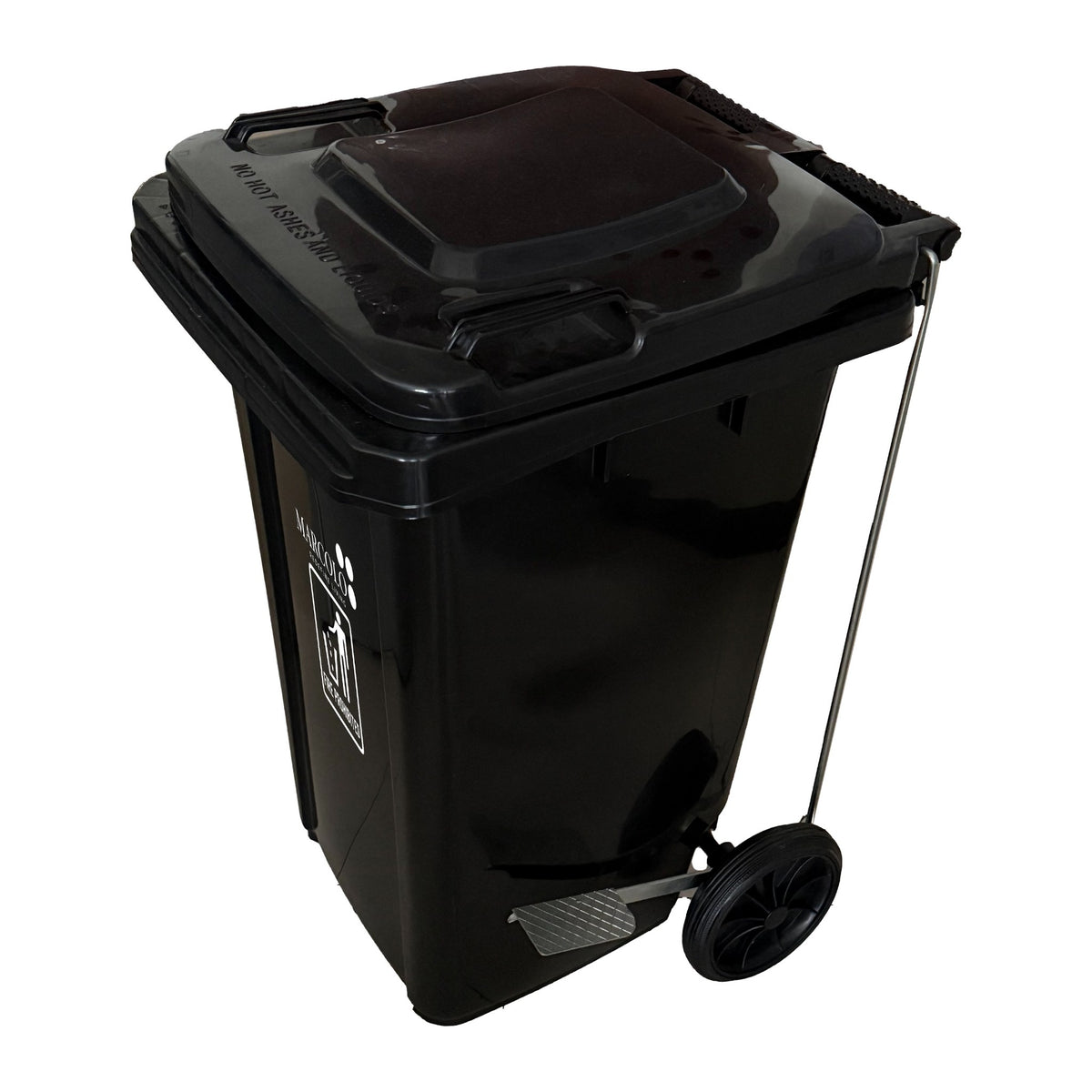 Marcolo 100L side-pedal waste bin with wheels, black, pedal and rod visible