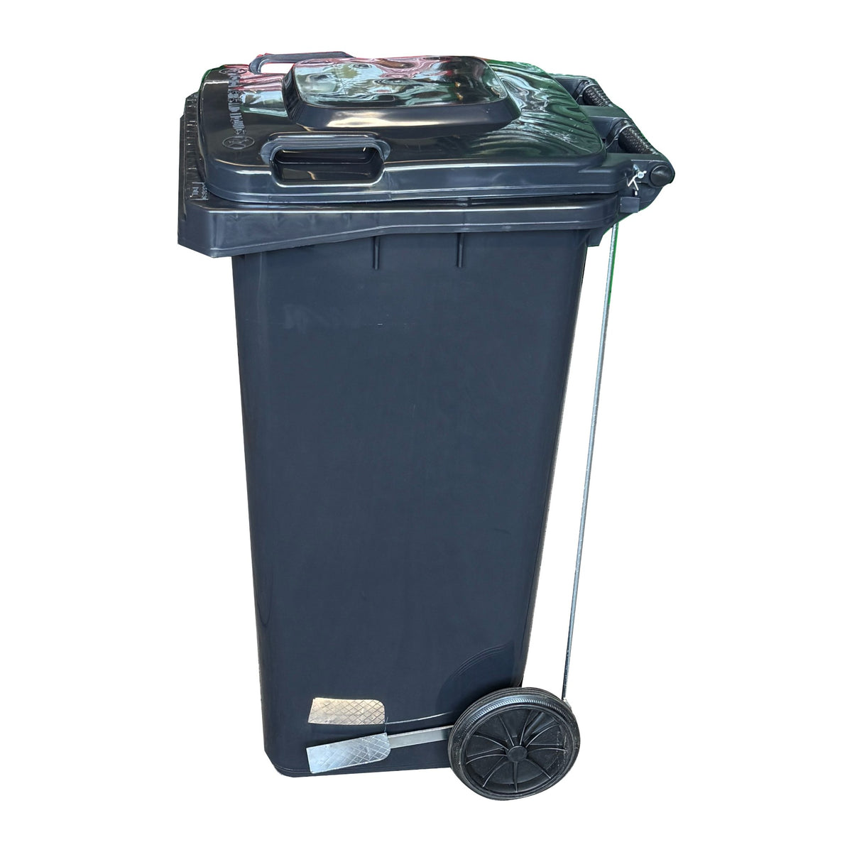 Marcolo 100L side-pedal waste bin with wheels, dark grey, side view with foot pedal